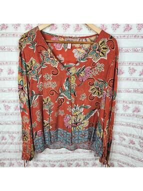 Willow & Root Boho Floral Blouse L Orange Multi Peasant Top 100% Rayon